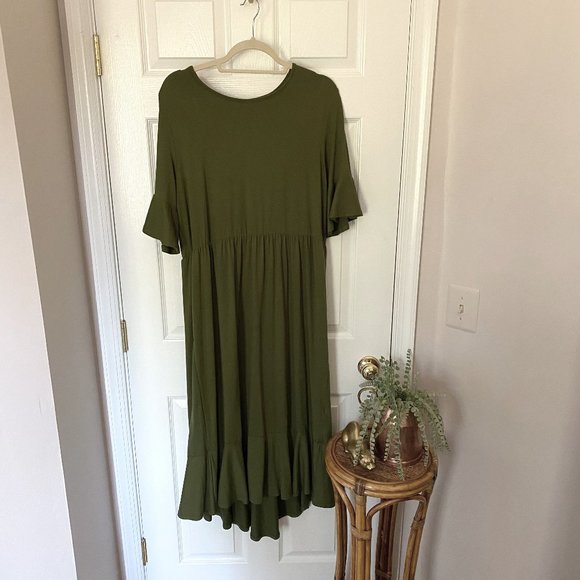 None Dresses & Skirts - Olive Green Asymmetrical High Low Ruffle Dress XL